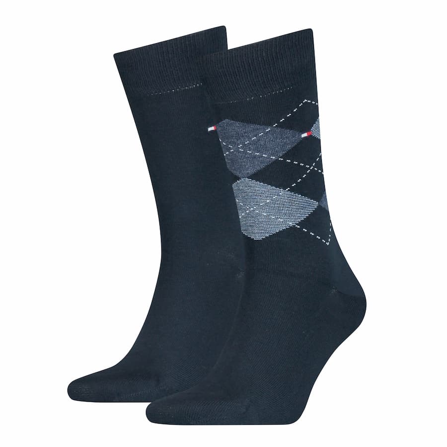 Tommy Hilfiger Check Socks (2-pack) - herensokken katoen - geruit en uni - donkerblauw